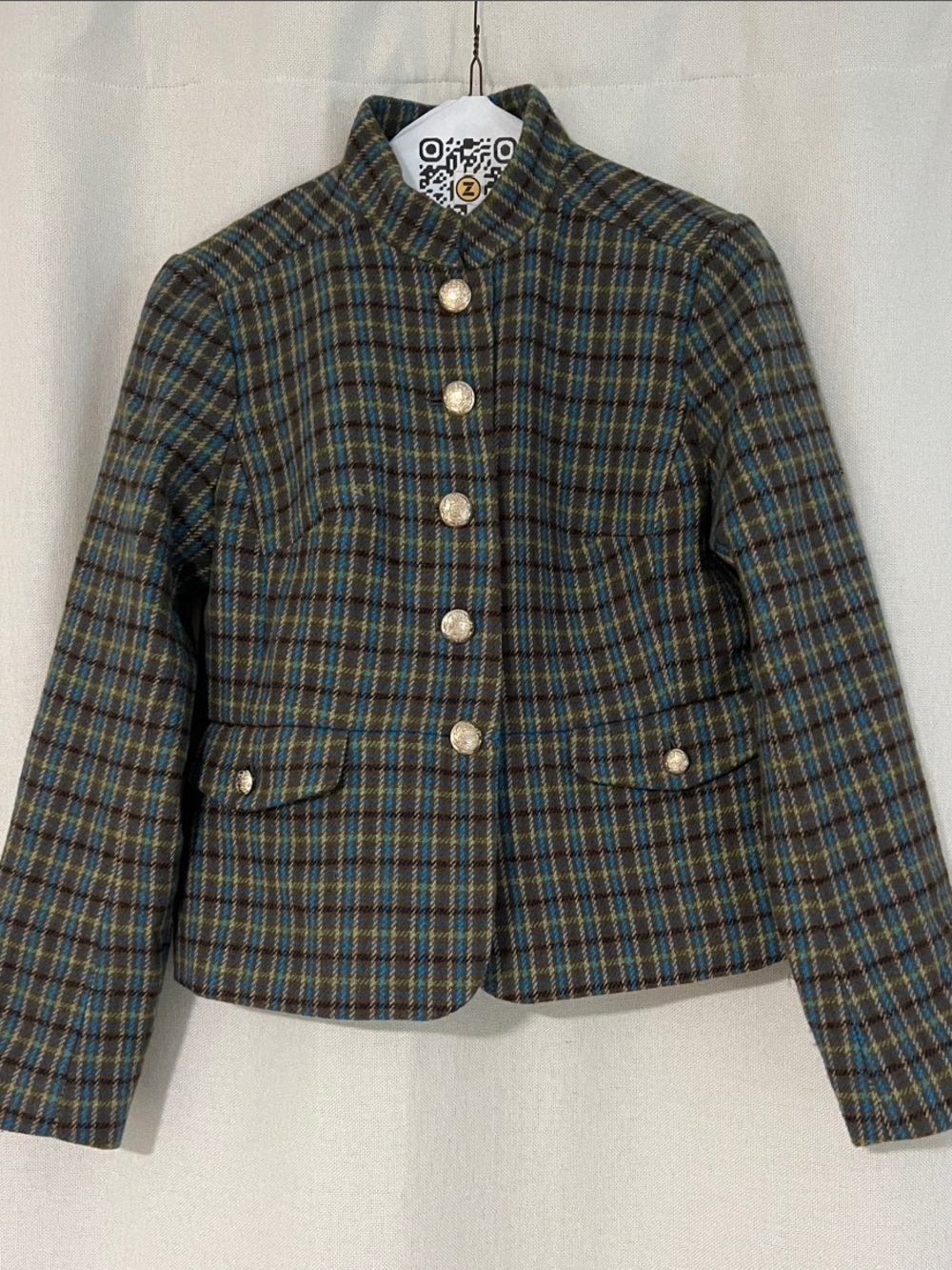 Talbots Green and Blue Plaid Wool-Blend Button Front Jacket
